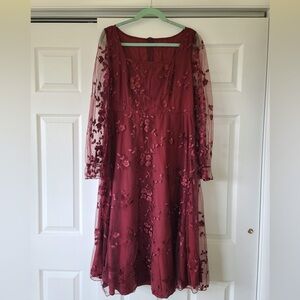 Women's Burgundy Floral Embroidered Long Sleeve Dress - Large